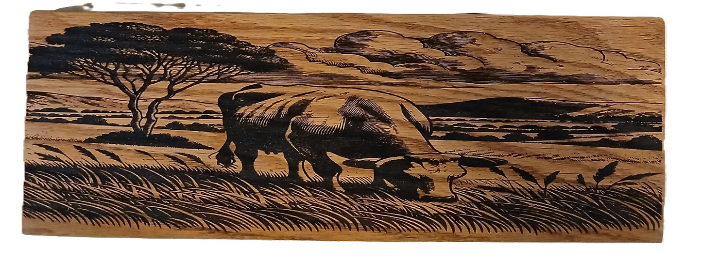 Cow Eating Wood Burned on Oak Wood