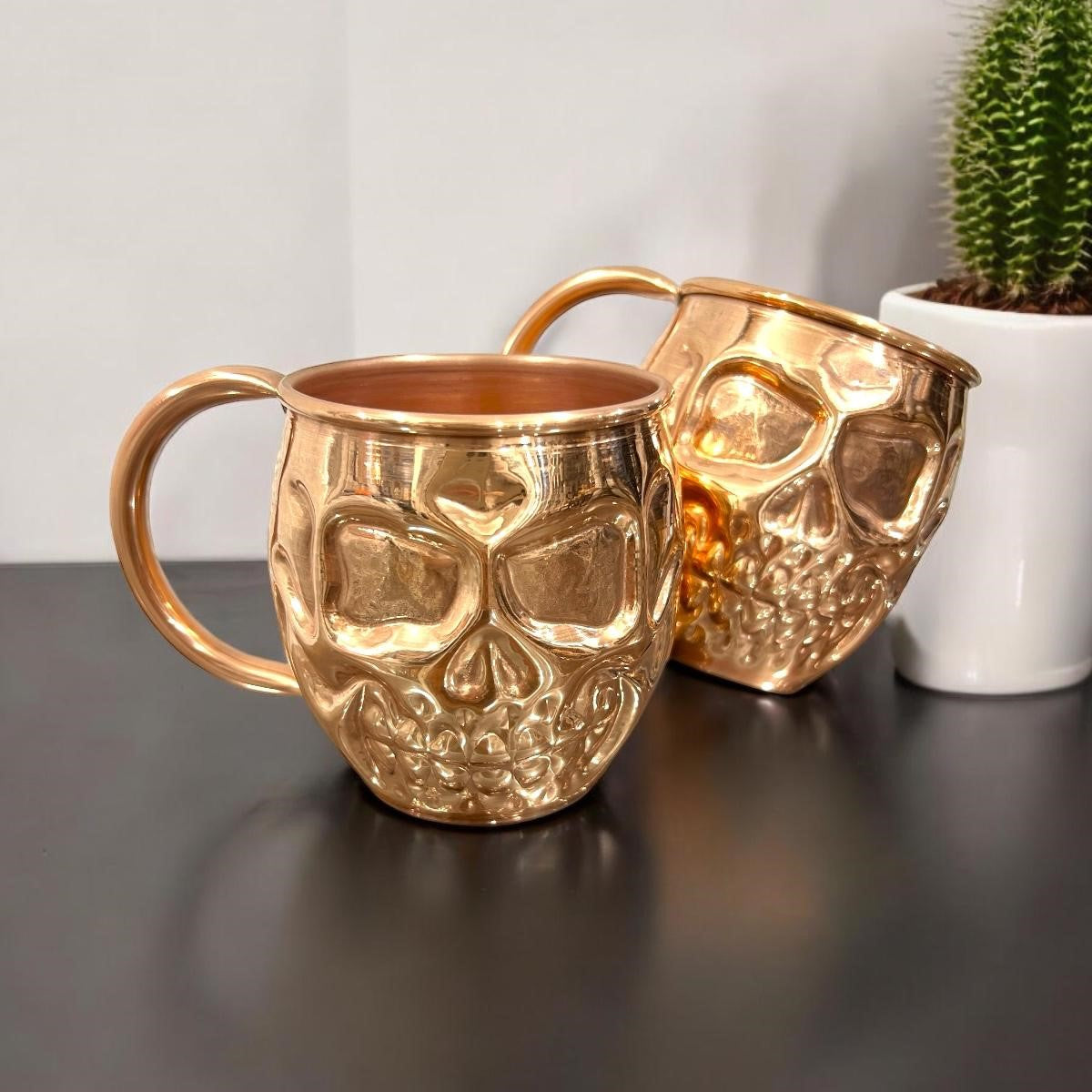 Set of Two Copper Skull (Day of the Dead) Shaped Mugs, Plain and Shiny Finish