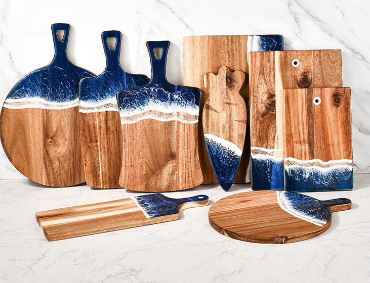 Wood Cutting Board Resin Blue green Wave Pattern