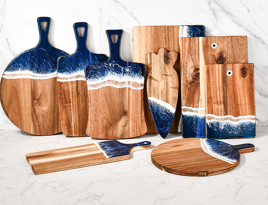 Wood Cutting Board Resin Blue green Wave Pattern