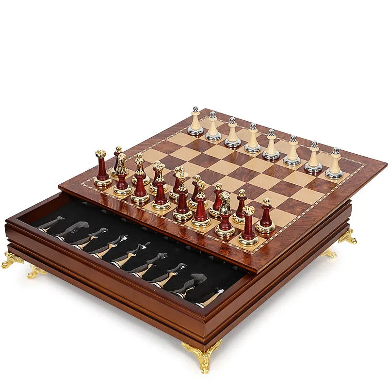 Luxury metal+solid wood tabletop for easy storage Chess set
