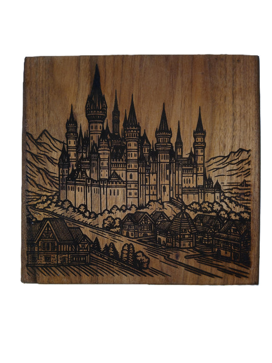 Castle Scene burned into Butternut Wood