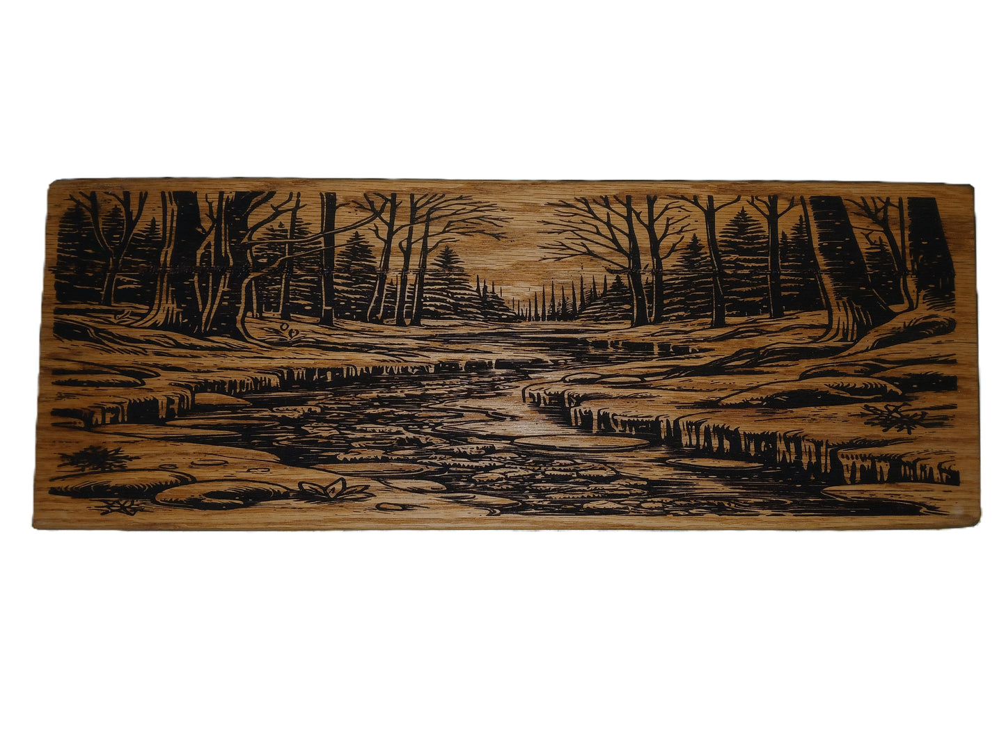 Creek Nature Scene burned into Oak