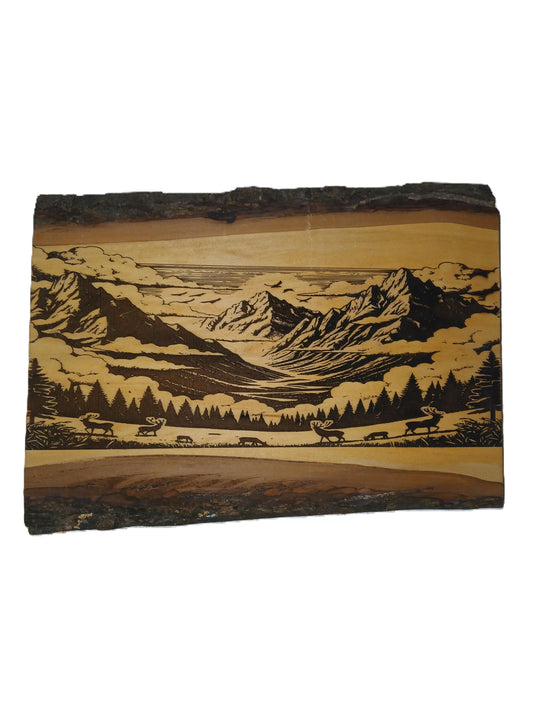 Deer/Mountain Scene Burned on Live Edge Basswood
