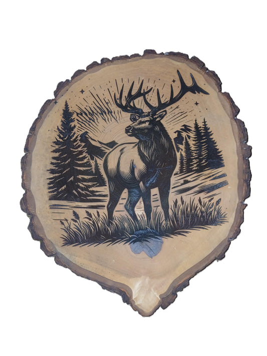 Elk Wood Burned on Round Live Edge
