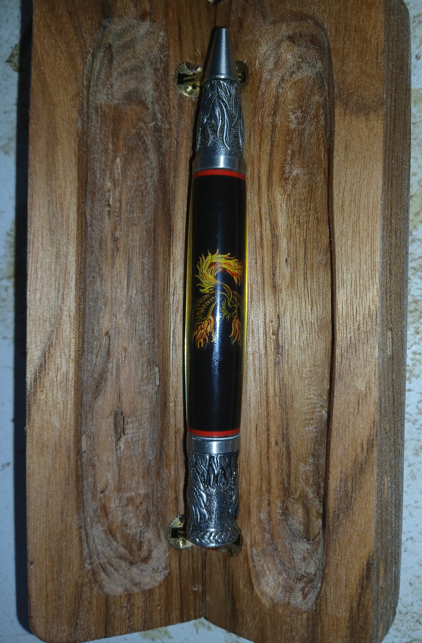 Phoenix Rising Ball Point Resin Pen with wood case made from Butternut