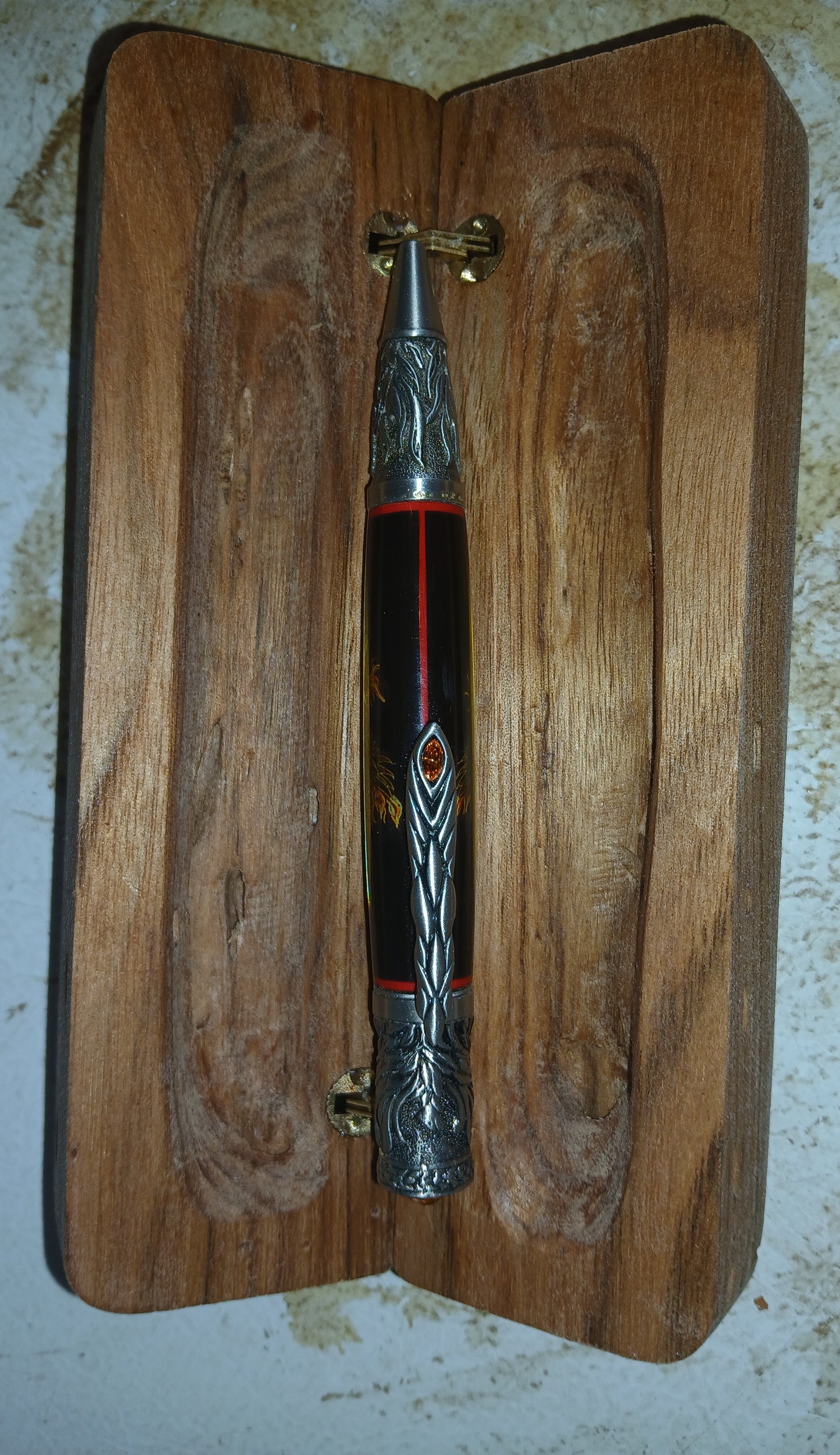 Phoenix Rising Ball Point Resin Pen with wood case made from Butternut