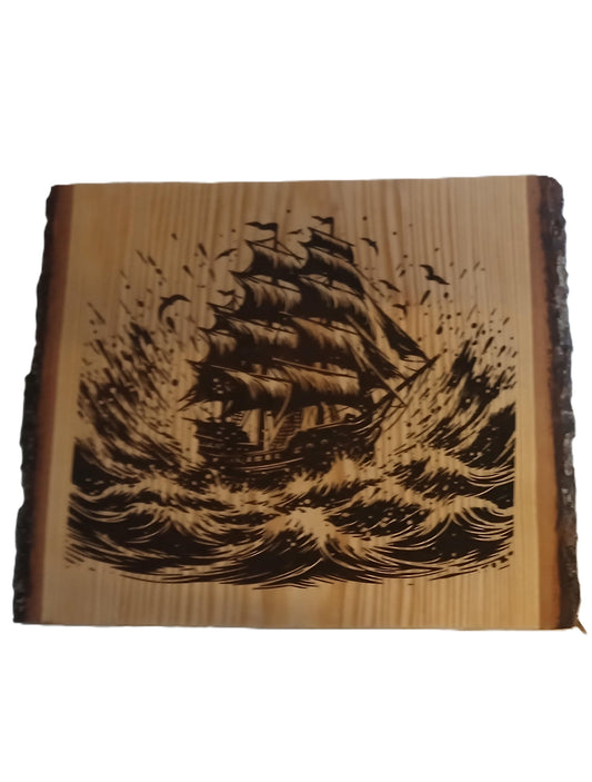 Ship Burned on Live Edge Basswood
