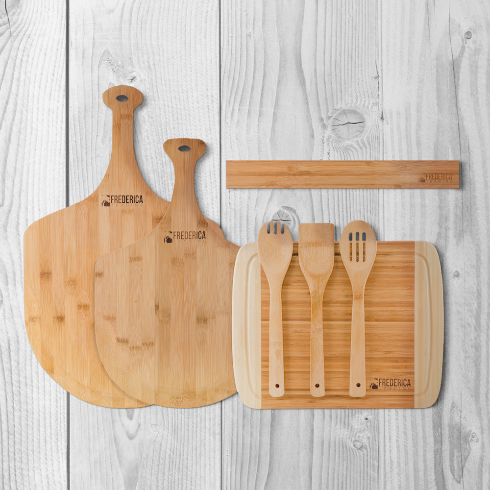 Bamboo Kitchen Collection Bundle - Two Pizza Peels, Cutting Board, and Knife Strip