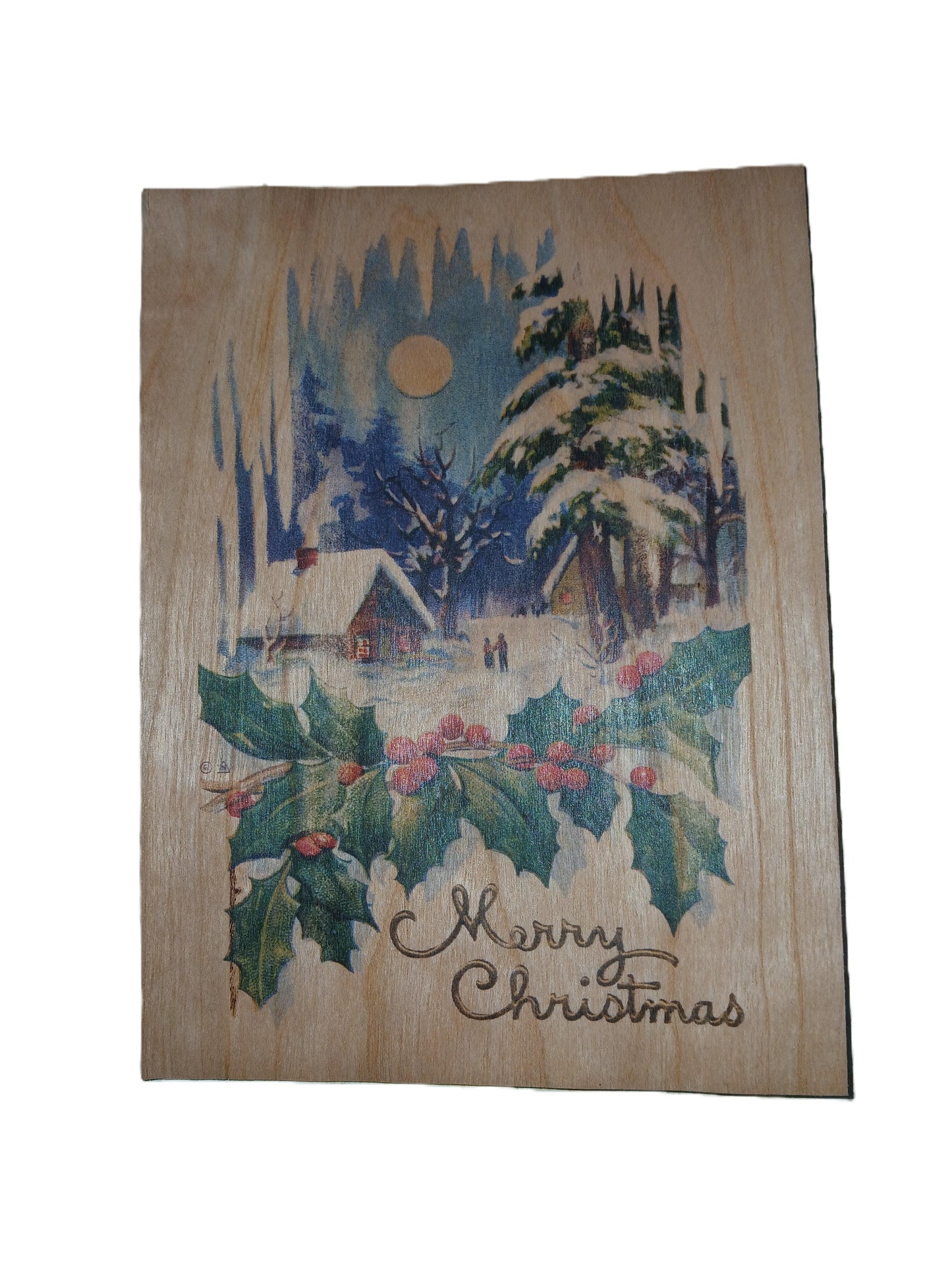 Holly Christmas card on Cherry Wood