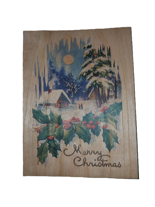 Holly Christmas card on Cherry Wood