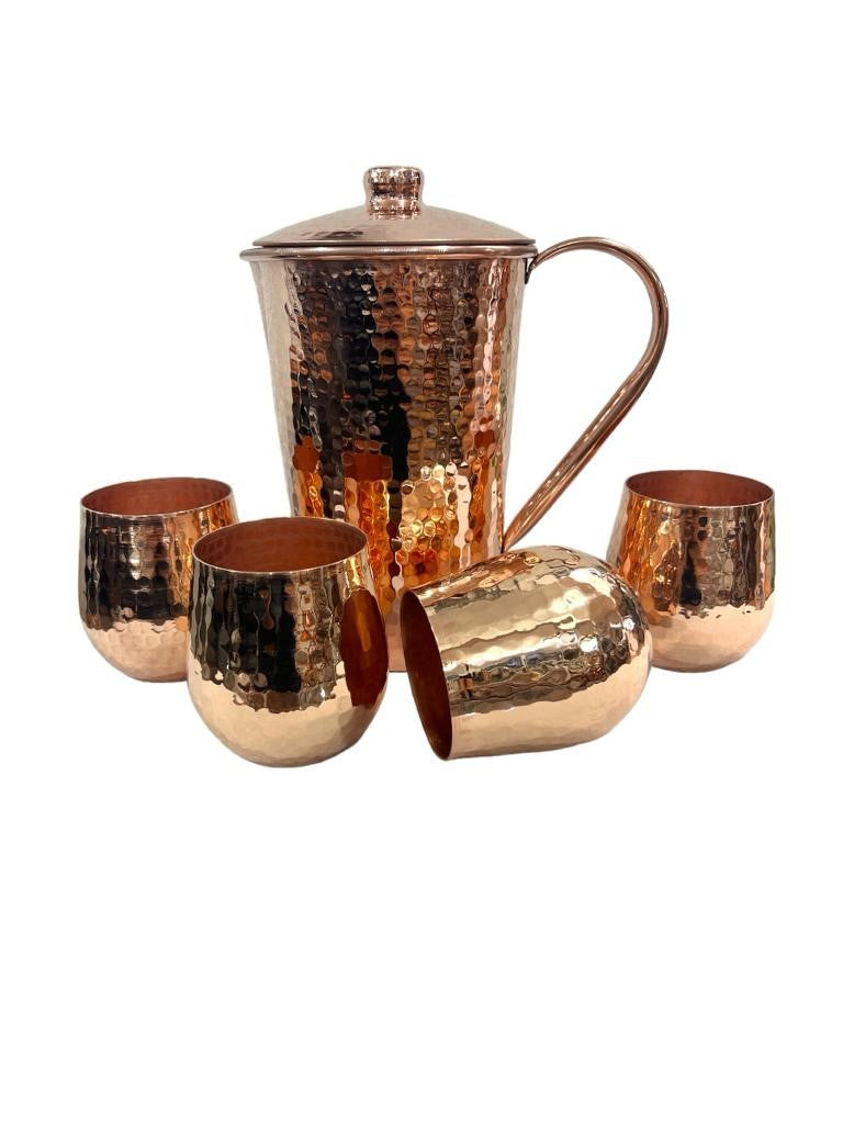 Set of One Copper Pitcher with Top and Four Tumblers, Hammered and Shiny Finish