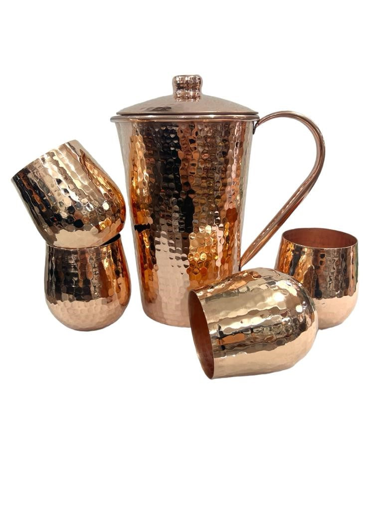Set of One Copper Pitcher with Top and Four Tumblers, Hammered and Shiny Finish