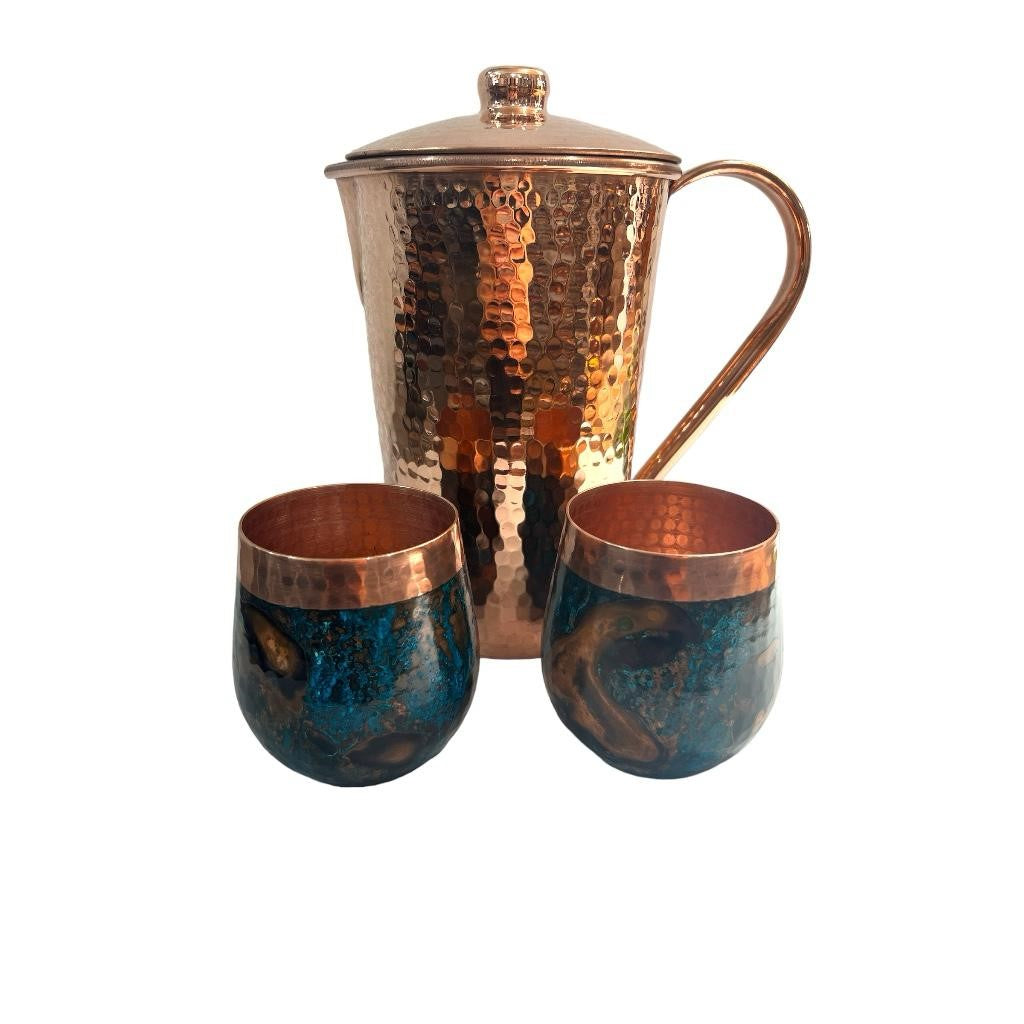 Set of One Shiny Hammered Copper Pitcher with Top and Two Blue Marbled Tumblers
