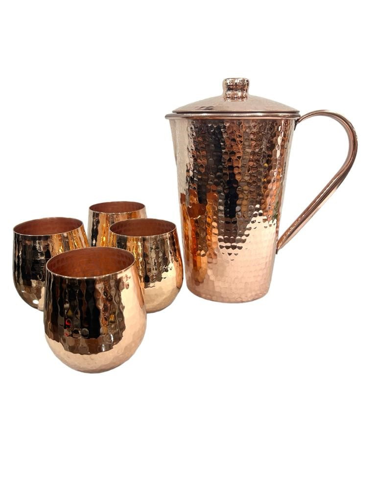 Set of One Copper Pitcher with Top and Four Tumblers, Hammered and Shiny Finish