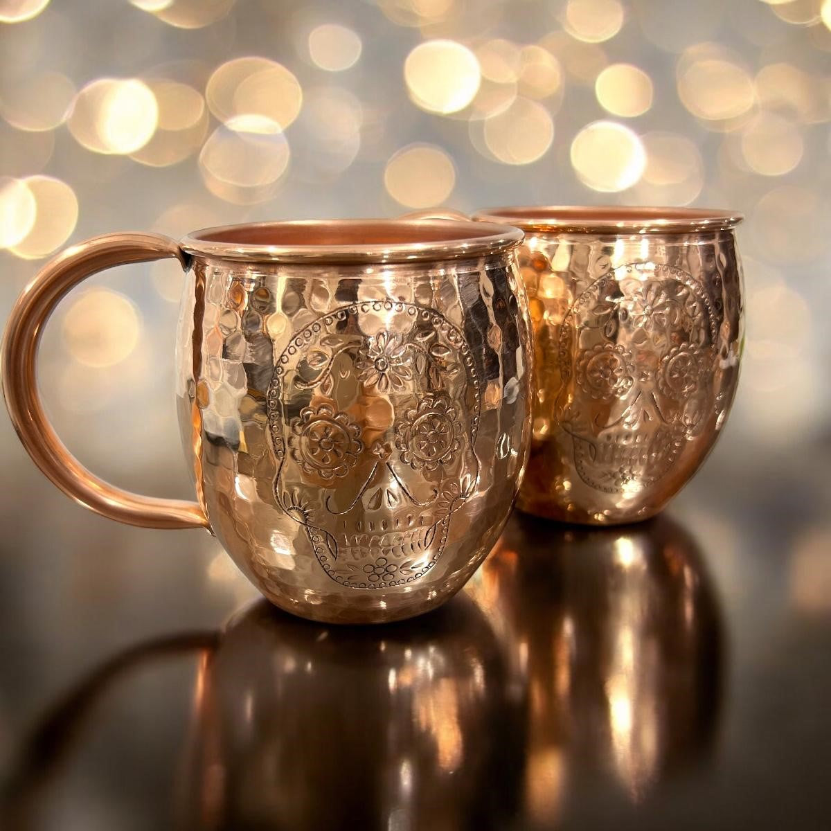 Set of Two Copper Barrel Mugs with Chiselled Skull (Day of the Dead), Hammered and Shiny Finish