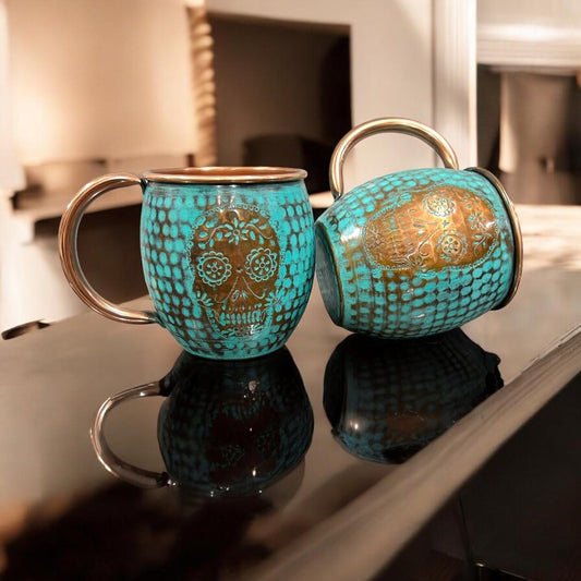 Set of Two Copper Barrel Mugs with Chiselled Skull (Day of the Dead), Hammered and Turquoise Patina