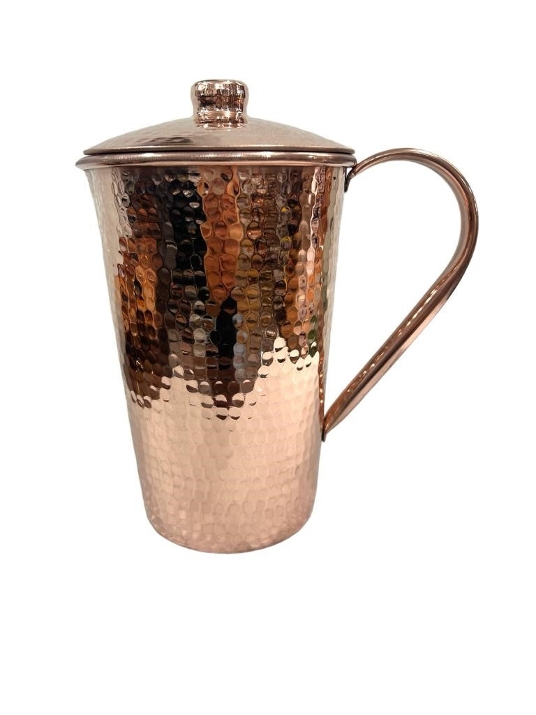 Set of One Shiny Hammered Copper Pitcher with Top and Two Blue Marbled Tumblers