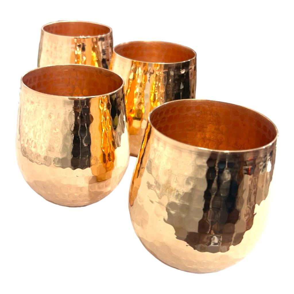 Set of One Copper Pitcher with Top and Four Tumblers, Hammered and Shiny Finish